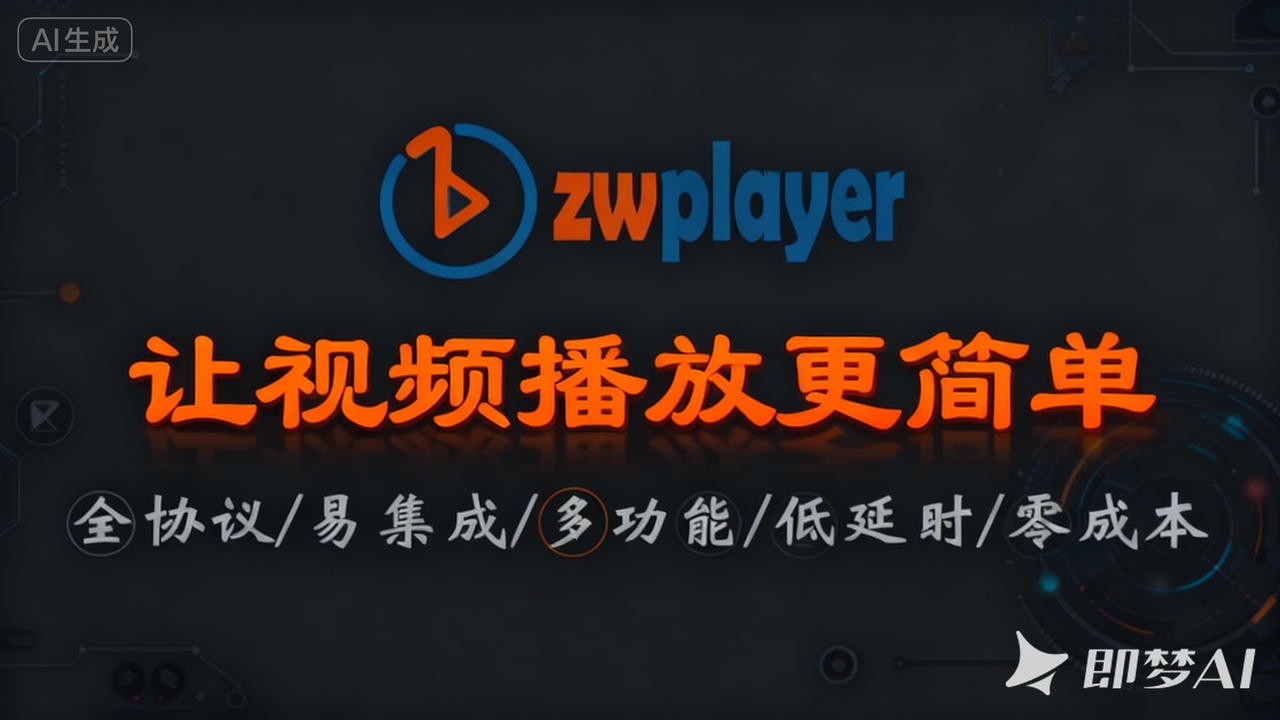 zwplayer makes video playback easier. Supports WebRTC ultra-low latency playback, RTSP plugin-free online playback, local file drag-and-drop playback; supports dual subtitles, bullet comments, adaptive bitrate streaming minimalist web player promotional poster, Jimeng 4.0 agent optimization effect, many inconsistent details, needs multiple modifications, cannot be used directly