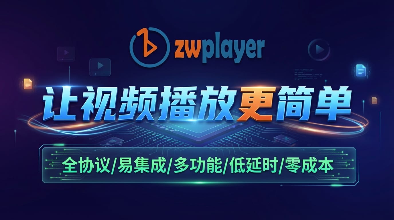 zwplayer makes video playback easier. Supports WebRTC ultra-low latency playback, RTSP plugin-free online playback, local file drag-and-drop playback; supports dual subtitles, bullet comments, adaptive bitrate streaming minimalist web player promotional poster, gemini 3 pro image (Nano Banana 2) preview version optimization result 2, no watermark, good effect, can be used by yourself