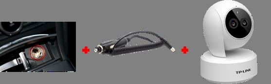 车载监控摄像头，车辆点烟器DC供电示意图，展示了点烟器、连接线、车载摄像头是如何连接的