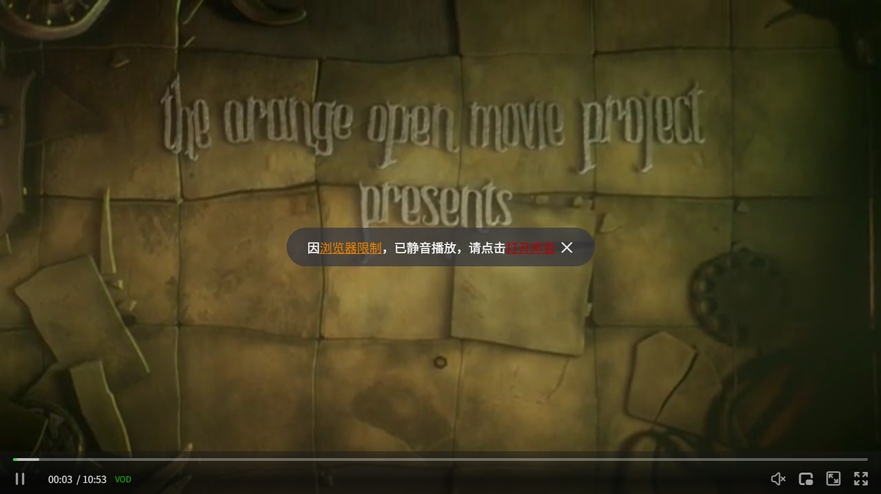 ZWPlayer interface showing a notification about muted playback due to browser restrictions, prompting the user to click to enable sound