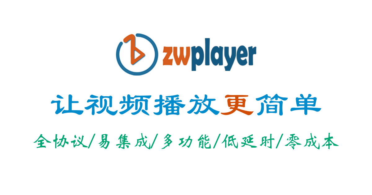 zwplayer 让视频播放更简单。支持webrtc超低延时播放、rtsp无插件在线播放、本地文件拖拽播放;支持双字幕、弹幕、自适应码流的极简web网页播放器的宣传海报,photoshop制作,效果一般