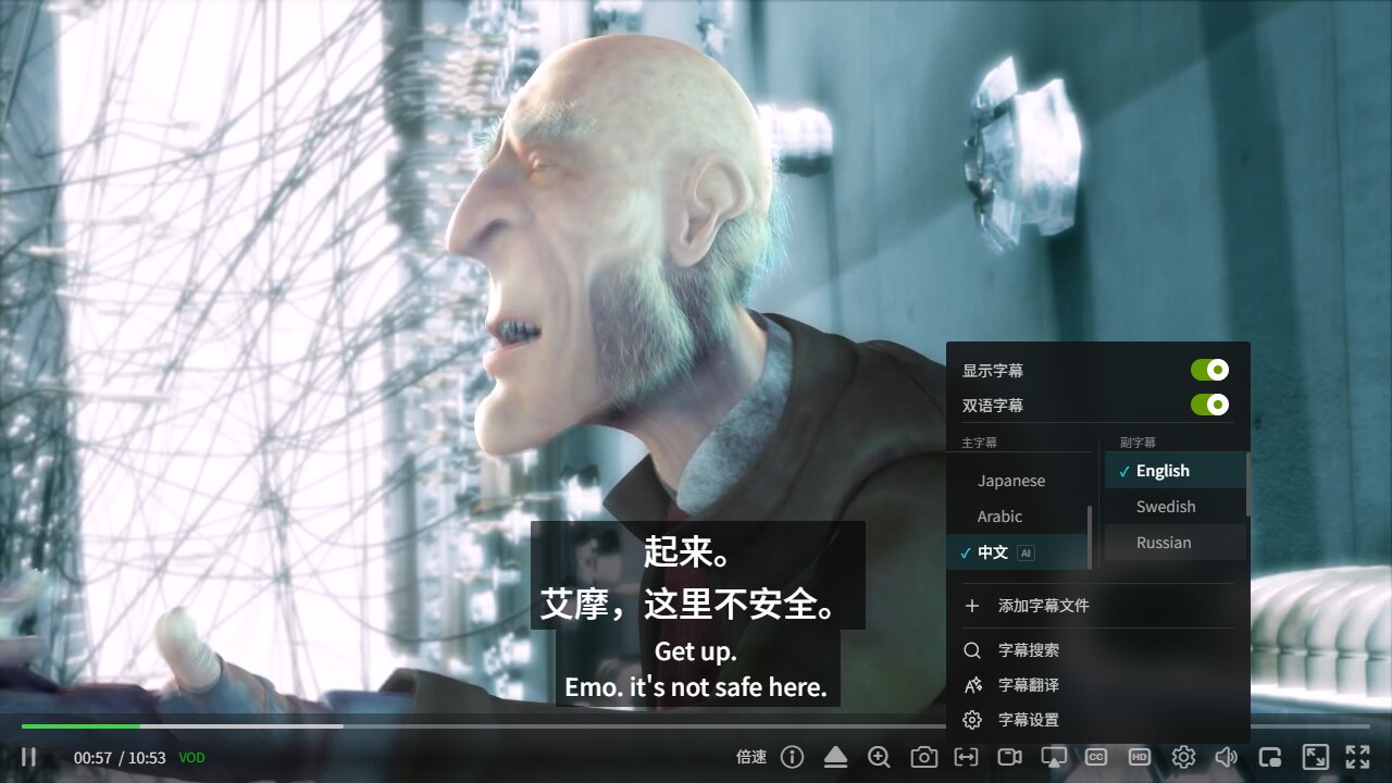 zwplayer 双语字幕效果:译文显示在上、原文显示在下,主副字幕同时呈现,适合逐句对照学习