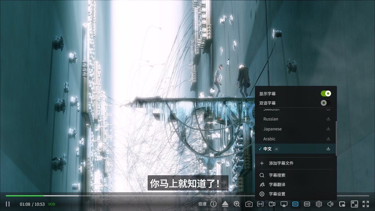 zwplayer 单语字幕效果:字幕菜单中选中"中文(AI)"翻译轨作为主字幕,视频画面只显示中文译文,适合只想快速理解内容的用户