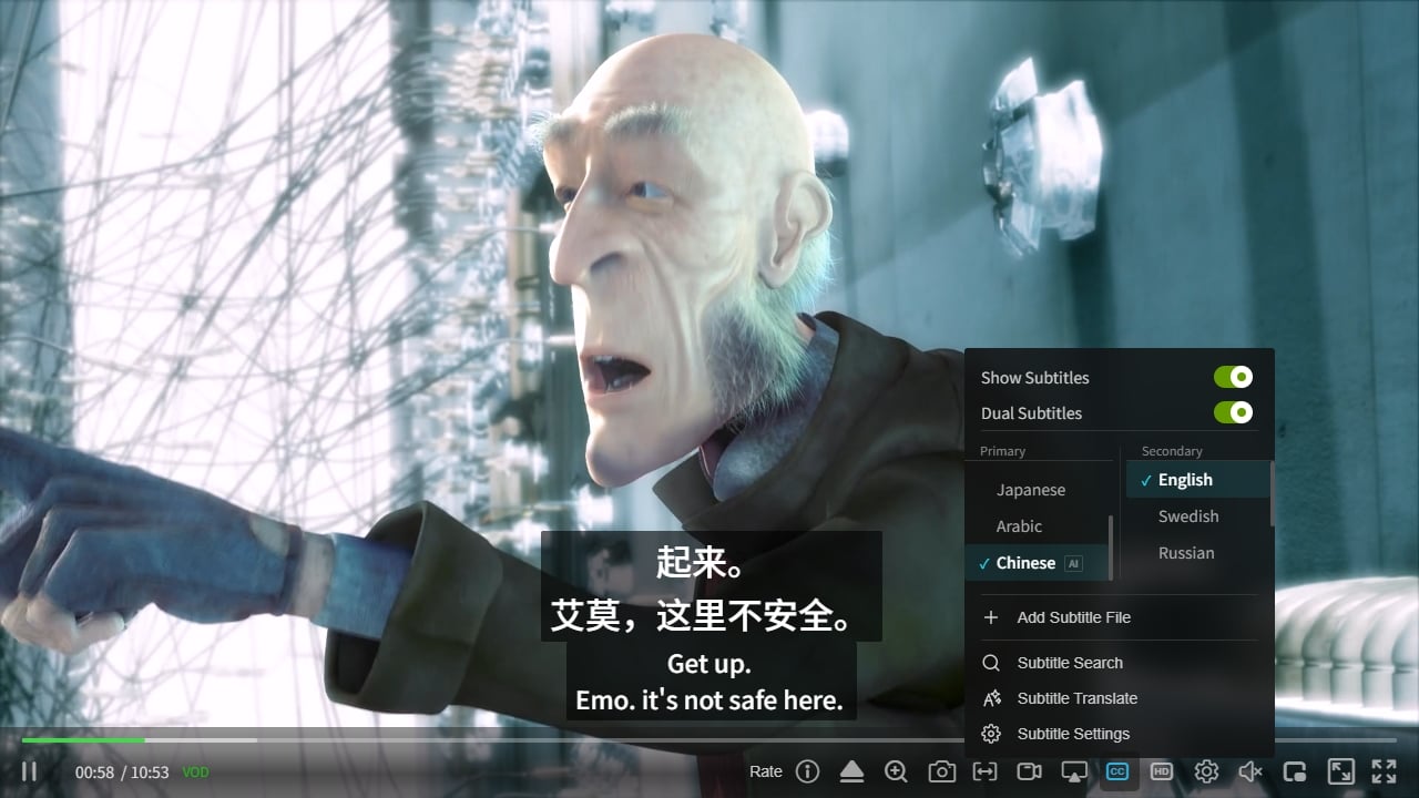 zwplayer bilingual subtitle effect: translation on top, original below, primary and secondary subtitles shown together—ideal for line-by-line study