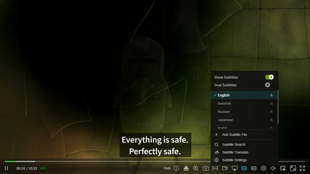 zwplayer subtitle pre-download: the Chinese translation generated by AI is added as a local subtitle track; after applying it, the video shows a single line of Chinese translation with the original foreign-language subtitle hidden