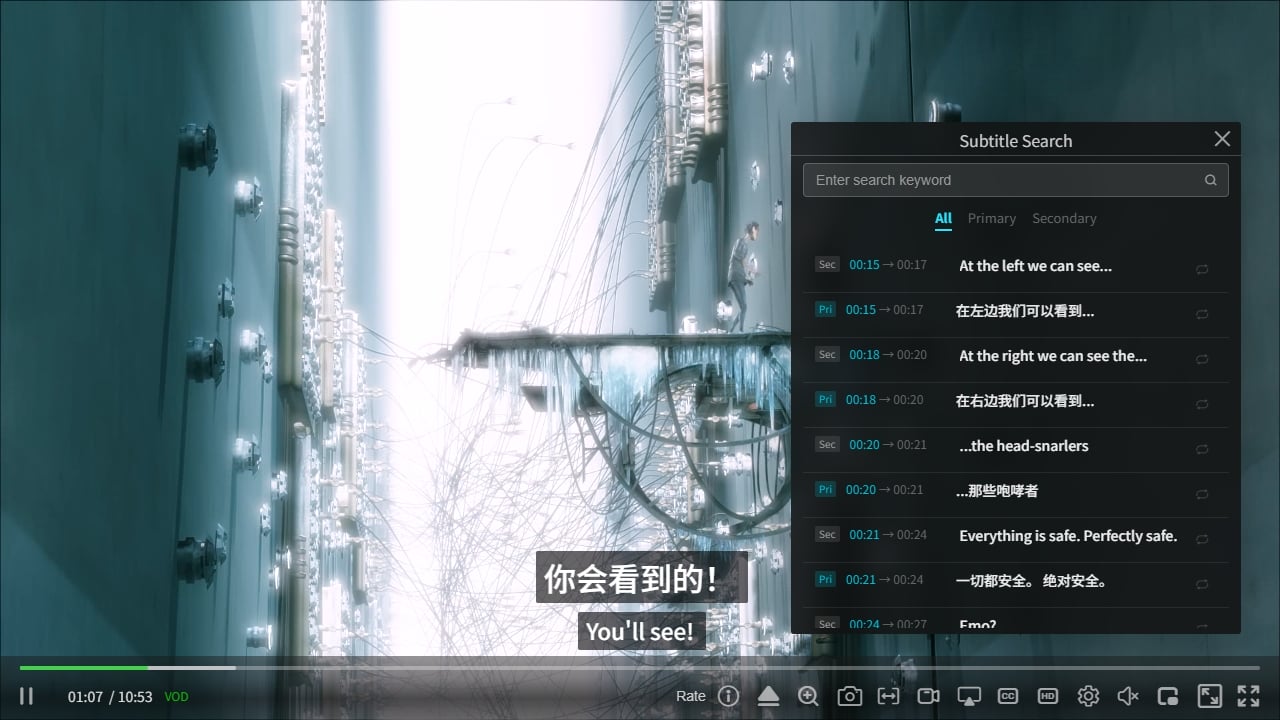 zwplayer subtitle search panel demo: enter a keyword to search the full subtitle text, with results sorted by time and click-to-seek to the matching line