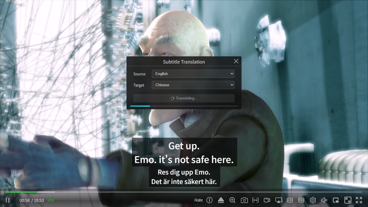 zwplayer subtitle translation panel: select the source subtitle track and target language, then invoke cloud-based large-model translation in one click and apply it when done
