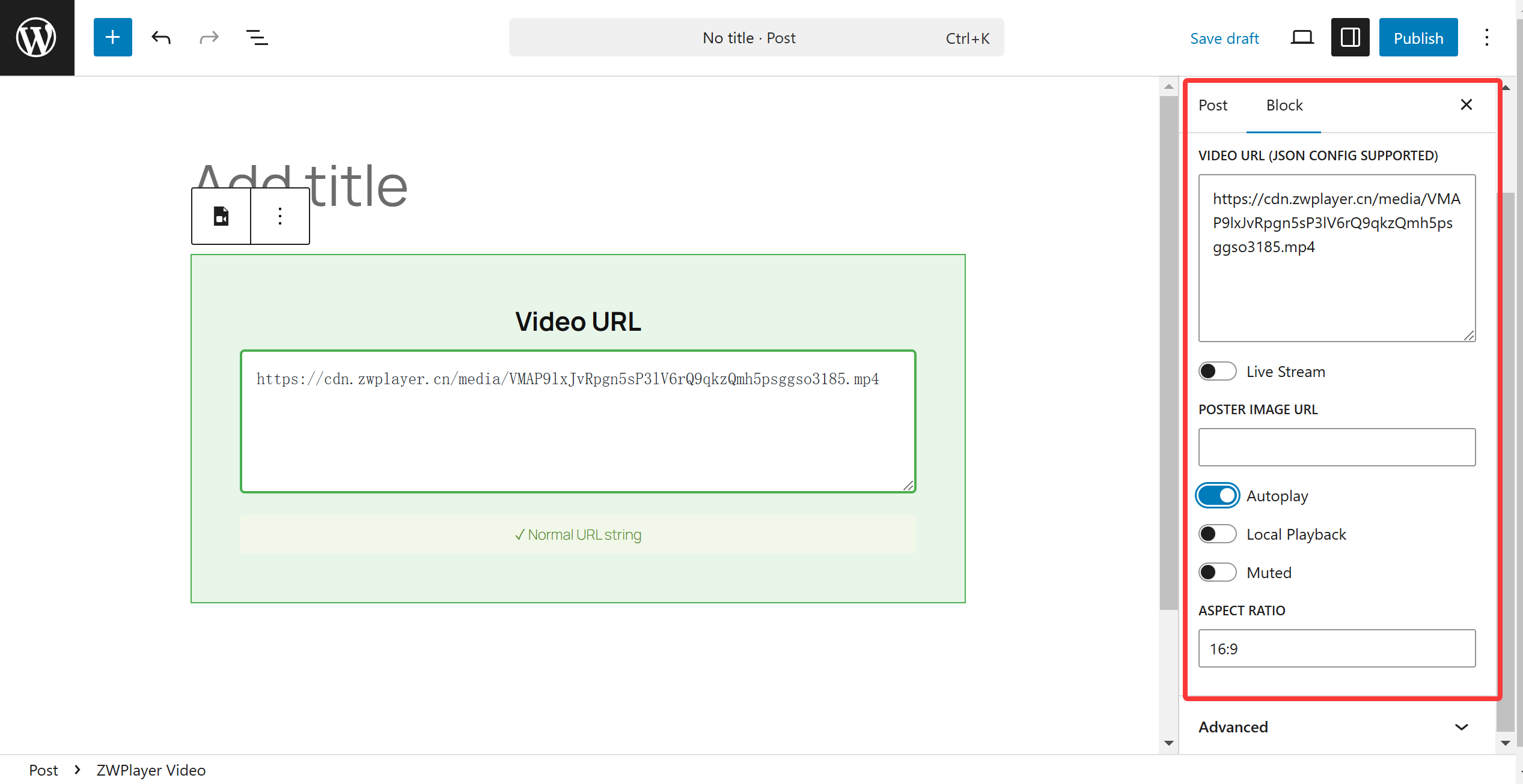ZWPlayer Gutenberg Block Settings